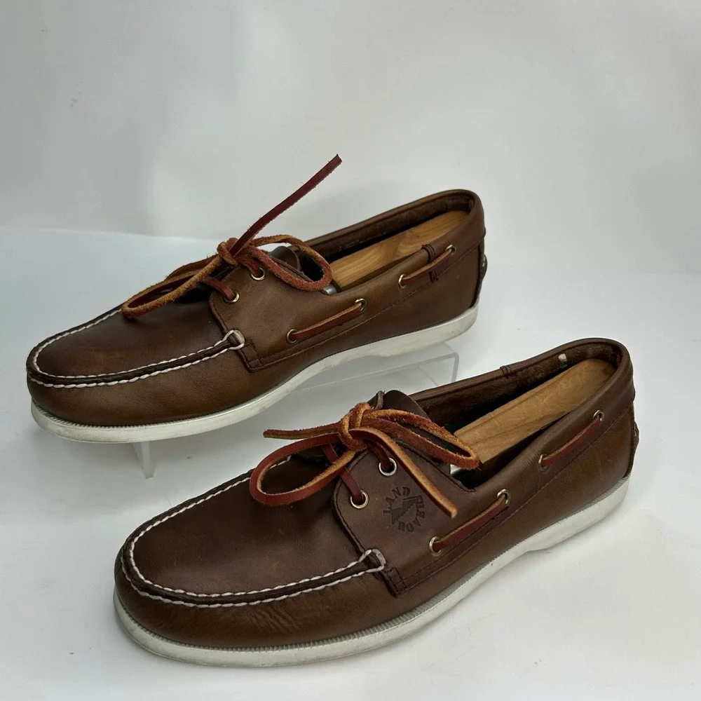 Land Rover Mens 10 Brown Leather Boat Shoes‎ Genuine Hand-sewn Deck Nautical